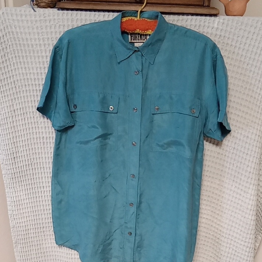 Forenza Teal 100% Silk Casual Button Down Short Sleeve Shirt